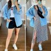 Women's Oversized Mid Long Denim Jacket Jean Biker Coat