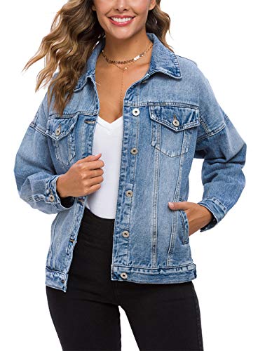 Women's Oversize Vintage Washed Boyfriend Denim Jacket Long Sleeve Classic Loose Jean Trucker Jacket 003