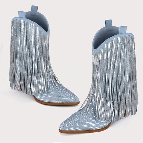 Cowboy Boots for Women - Cowgirl Western Rhinestone Sparkly Fringe Chunky Heel Pointed Toe Ankle Boots