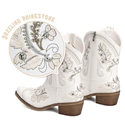 Cowboy Boots for Women - Western Embroidered Cowgirl Boots with Sparkly Rhinestone, Pointed Toe Chunky Heel Side Zipper Vintage