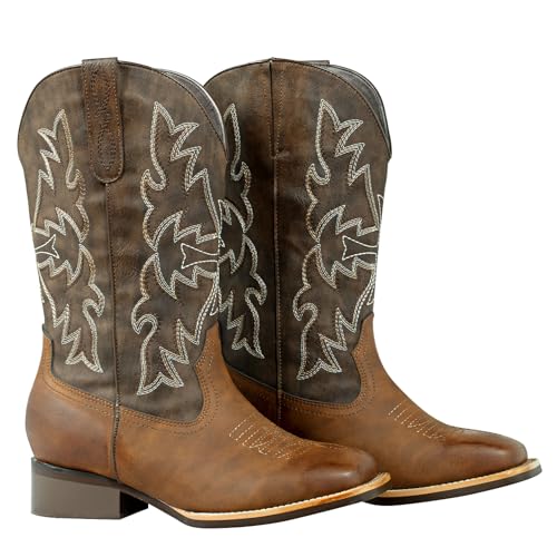 Extra Wide Calf Cowboy Boots for Women - Square Toe & Classic Stitching with Earth Tones, Removable Cushion Insoles | Roomy
