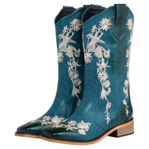 Women's Floral Rhinestones Square Toe Cowboy Boots Western Country Wedding Cowgirl Boots Wide Calf