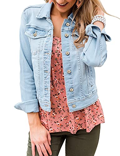 Womens Stretch Button Down Long Sleeve Pockets Denim Jean Trucker Jacket