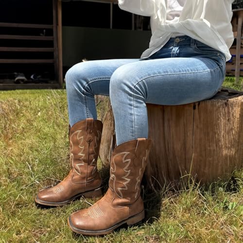 Ladies Fashion Strap Cowboy Boots for Women Square Toe Mid Calf Western Cowgirl Boots