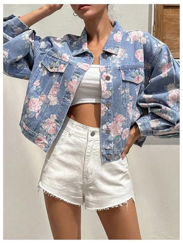 Women's Floral Print Button Down Denim Jacket Long Sleeve Outerwear