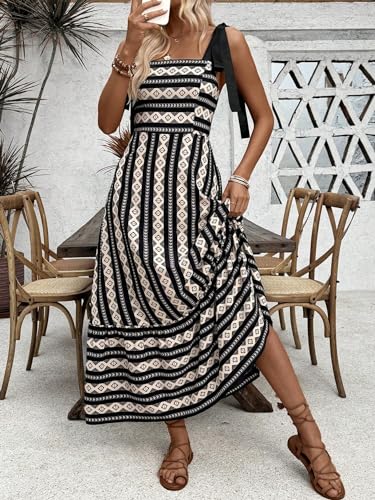 Women's Floral Print Tie Strap Square Neck Ruffle Boho Maxi Dress