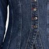 Women's Denim Shirt Long Sleeve Button Down Collarless V-Neck Slim Fit Jean Jacket Denim Top