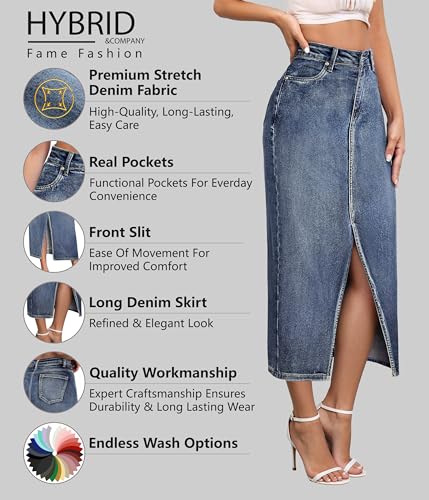 Women's Long Denim Skirt – Stretch Jean Skirt for Office and Casual Wear