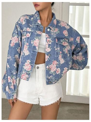 Women's Floral Print Button Down Denim Jacket Long Sleeve Outerwear