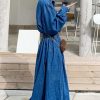 Women's Denim Dress Lapel Button Down Long Sleeve A Line Jeans Maxi Dress Plus Size Denim Shirt Dress with Pockets