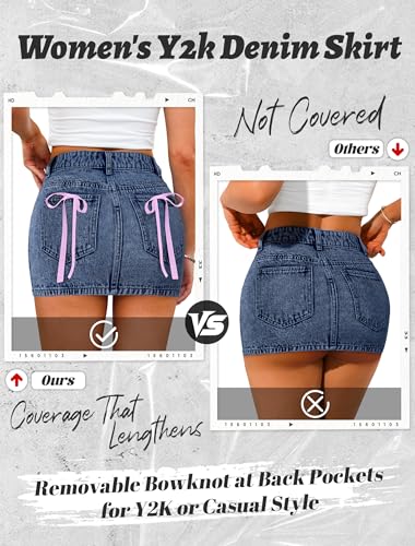 51JKisFT5fL.jpg Mini Denim Skirt Women Stretch Jean Skirt High Waisted Casual Short Jean Skirt 5 Pockets with Bows Y2K