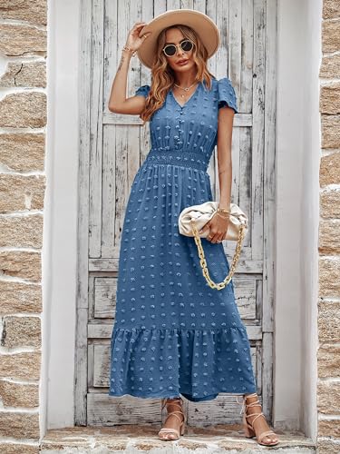 Womens Dresses 2025 Summer Maxi Dress Boho Short Sleeve V Neck Swiss Dot Ruffle Tiered Smocked Flowy Long Dress