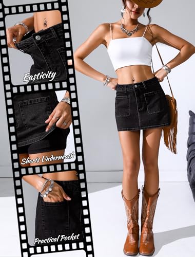 Jean Skorts for Woman High Waisted Stretchy Denim Skirt with Shorts Mini Skirt with Pockets