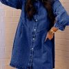 Womens Smocked 3 4 Sleeve Button Down Denim Jeans Dresses