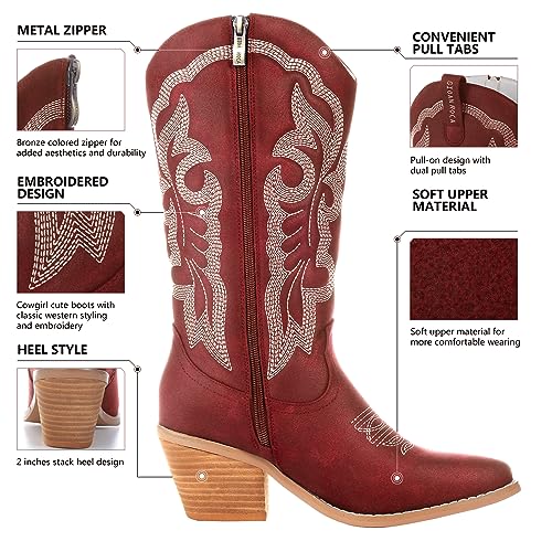 Embroidered Cowboy Boots for Women, Fashion Retro Western Pointed Toe Chunky Heel The Knee,Pull-On Stitching Point Toe Women's