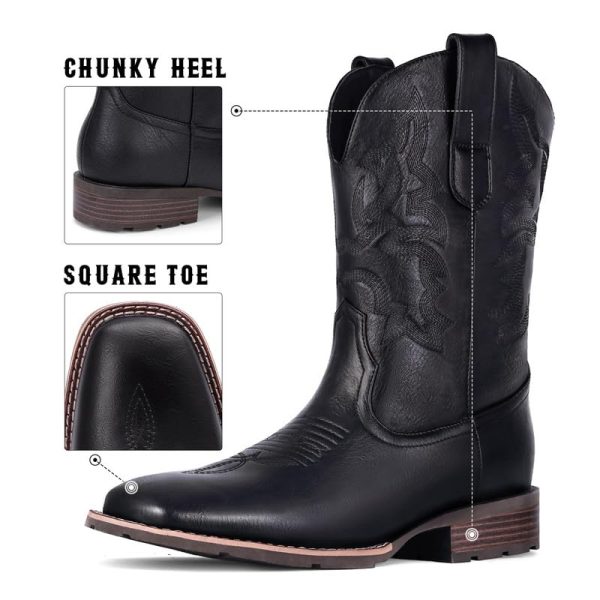 Cowboy Boots for Men - Men's Western Boots with Embroidery, Slip Resistant Square Toe Chunky Heel, Durable and Fashionable Retro