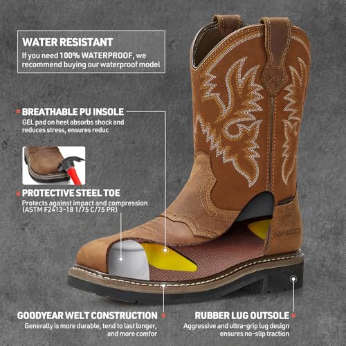NINGO Men's Western Cowboy Boots Waterproof Square Toe Steel/Soft Toe Work Boots Comfortable Men's Slip On Pull On Safety Toe
