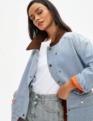 Women's Jean Jacket Oversized Striped Denim Jacket Long Sleeve Button Down Fashion Fall Shacket Barn Coat 2024