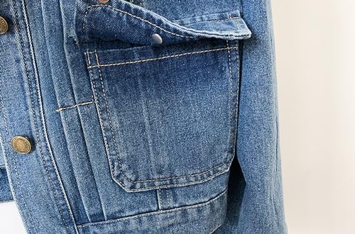 Women’s Collarless Long Sleeve Denim Jacket Round Neck Button Down Jean Jackets