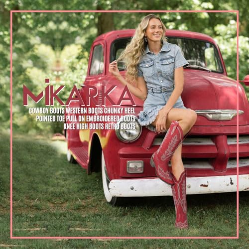 Cowboy Boots for Women Cowgirl Boots Knee High Western Boots w/Classic Embroidered Pointed Toe Slip-On Chunky Heel Pull On Retro