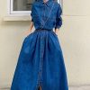 Women's Denim Dress Lapel Button Down Long Sleeve A Line Jeans Maxi Dress Plus Size Denim Shirt Dress with Pockets