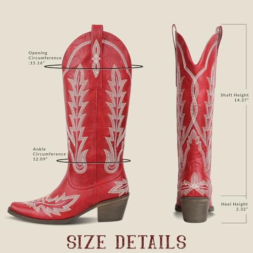 Cowboy Boots for Women Cowgirl Boots Knee High Western Boots w/Classic Embroidered Pointed Toe Slip-On Chunky Heel Pull On Retro