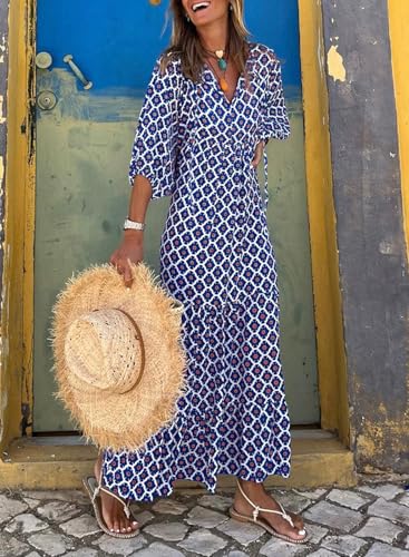 Womens Loose Fit Casual Summer V Neck Half Sleeve Bohemian Geometric Pattern Maxi Long Dresses