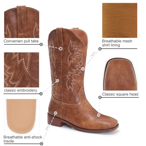 Cowgirl Boots Square Toe Cowboy Boots For Women Ladies Mid Calf Low Heel Flat