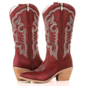 Embroidered Cowboy Boots for Women, Fashion Retro Western Pointed Toe Chunky Heel The Knee,Pull-On Stitching Point Toe Women's