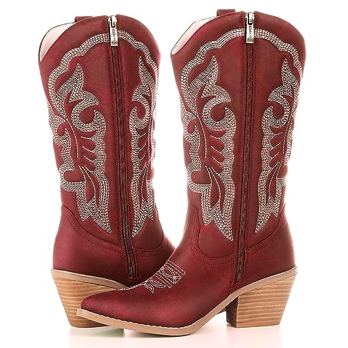Embroidered Cowboy Boots for Women, Fashion Retro Western Pointed Toe Chunky Heel The Knee,Pull-On Stitching Point Toe Women's