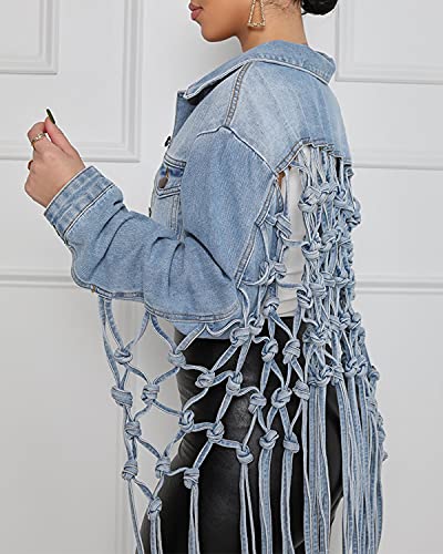 Womens Loose Long Fringe Distressed Denim Jacket Cropped Button Down Ripped Back Knotted Jean Coat