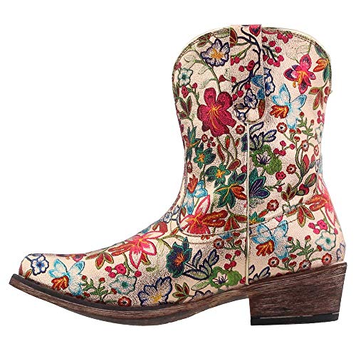 Womens Ingrid Floral Metallic Snip Toe Casual Boots Ankle Low Heel 1-2" - Multi