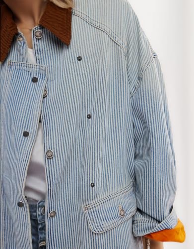 Women's Jean Jacket Oversized Striped Denim Jacket Long Sleeve Button Down Fashion Fall Shacket Barn Coat 2024
