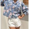 Women's Floral Print Button Down Denim Jacket Long Sleeve Outerwear