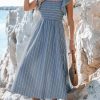 Women's Summer Dress Square Neck Striped Smocked Dress Ruffled Cap Sleeves Dress A Line Maxi Formal Dress
