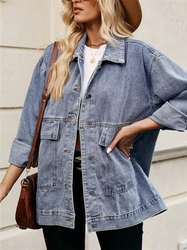 Women's Oversized Denim Jacket Casual Long Sleeve Vintage Jean Jacket Top Coat with Detachable Hood