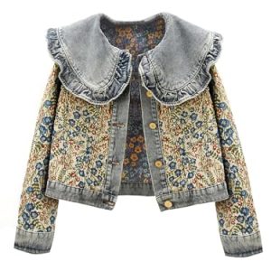 Women’s Sweet Peter Pan Collar Long Sleeve Jacquard Denim Jacket