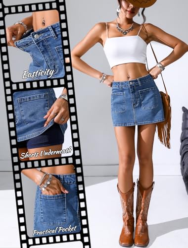 Jean Skorts for Woman High Waisted Stretchy Denim Skirt with Shorts Mini Skirt with Pockets