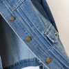 Women’s Collarless Long Sleeve Denim Jacket Round Neck Button Down Jean Jackets