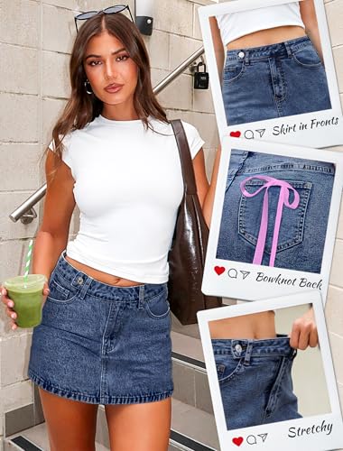 51mLOLFDU2L.jpg Mini Denim Skirt Women Stretch Jean Skirt High Waisted Casual Short Jean Skirt 5 Pockets with Bows Y2K
