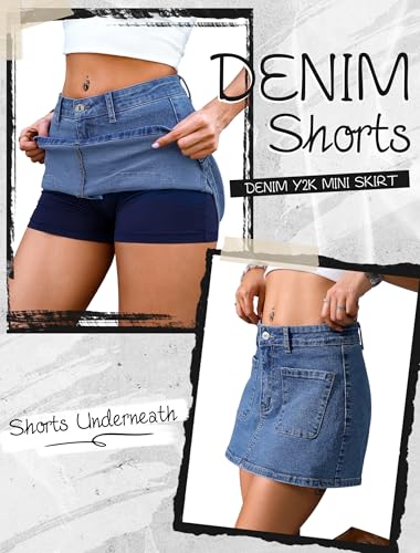 Jean Skorts for Woman High Waisted Stretchy Denim Skirt with Shorts Mini Skirt with Pockets