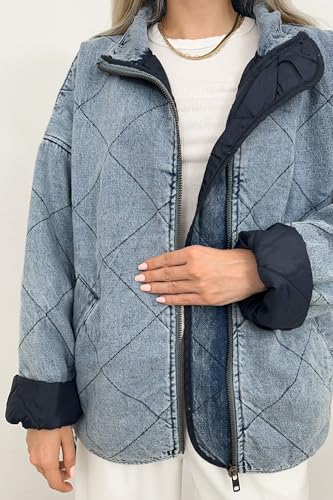 Women's Oversized Long Sleeve Denim Jacket Casual Loose Fit Zip Up Jean Quilted Jackets Coat with Pockets