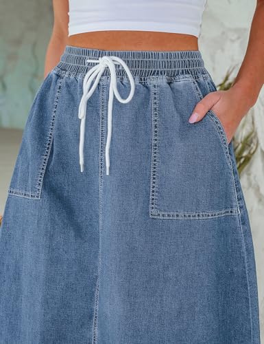 Denim Skirts for Women Trendy A Line Long Maxi Pull On Elastic Waist Drawstring Stretchy Jean Skirt with Pockets