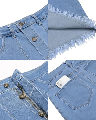 Women's Casual Mid Rise Button Down Frayed Raw Hem Denim Jean Midi Skirt