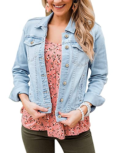 Womens Stretch Button Down Long Sleeve Pockets Denim Jean Trucker Jacket