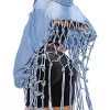 Womens Loose Long Fringe Distressed Denim Jacket Cropped Button Down Ripped Back Knotted Jean Coat