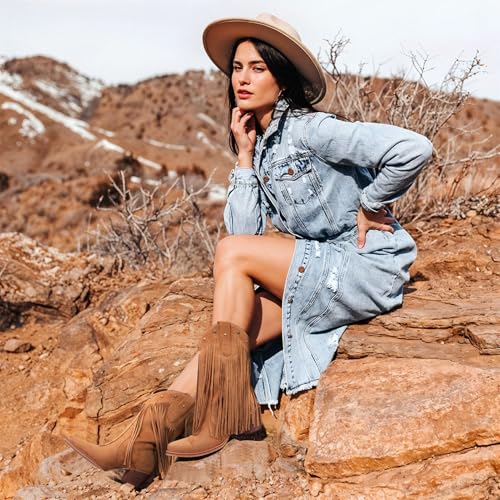 Fringe Cowboy Boots for Women – Mid Calf Cowgirl Boots with Star Studded, Pointed Toe and Chunky Heel, Perfect for Country Music
