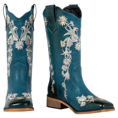 Women's Floral Rhinestones Square Toe Cowboy Boots Western Country Wedding Cowgirl Boots Wide Calf