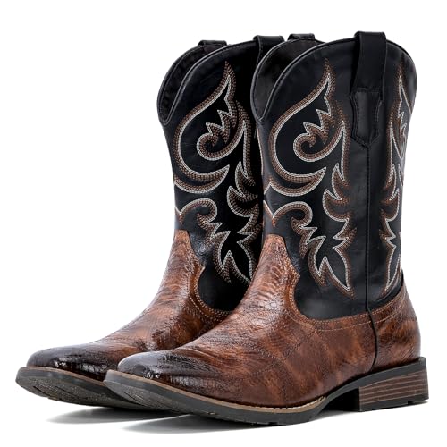 51u99XO8tL.jpg Cowboy Boots Men Square Toe Western Boots Durable Classic Embroidered boot Pull On Slip Resistant Boot