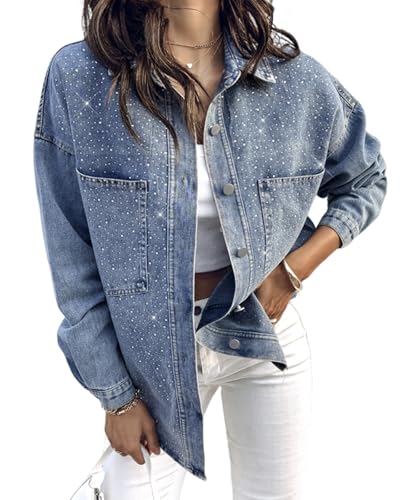 Womens Casual Denim Jacket for Women 2025 Contrast Sequin Long Sleeve Rhinestone Denim Jackets